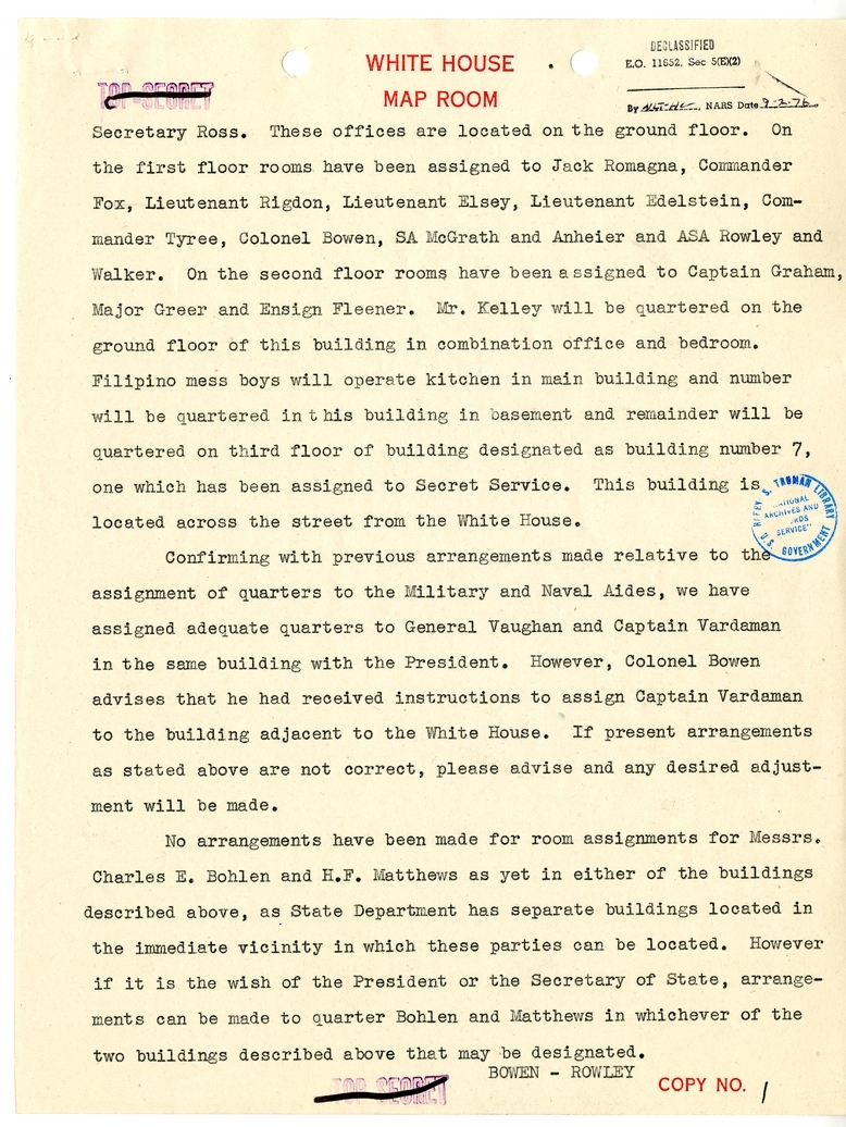 Cable from Colonel Bowen and James Rowley to General Harry Vaughan, Captain James Vardaman, and George Drescher
