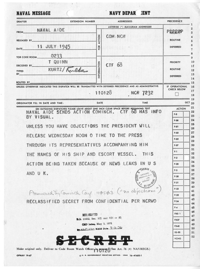 Naval Message from the Naval Aide to Cominch
