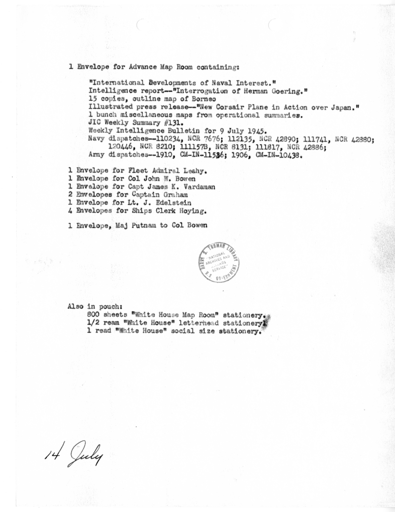 List of Contents of Diplomatic Pouch