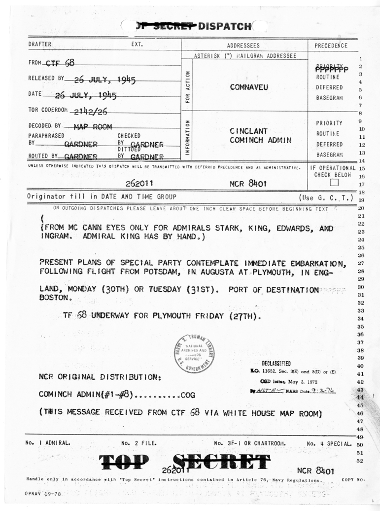 Dispatch from CTF 68 for Comnaveu