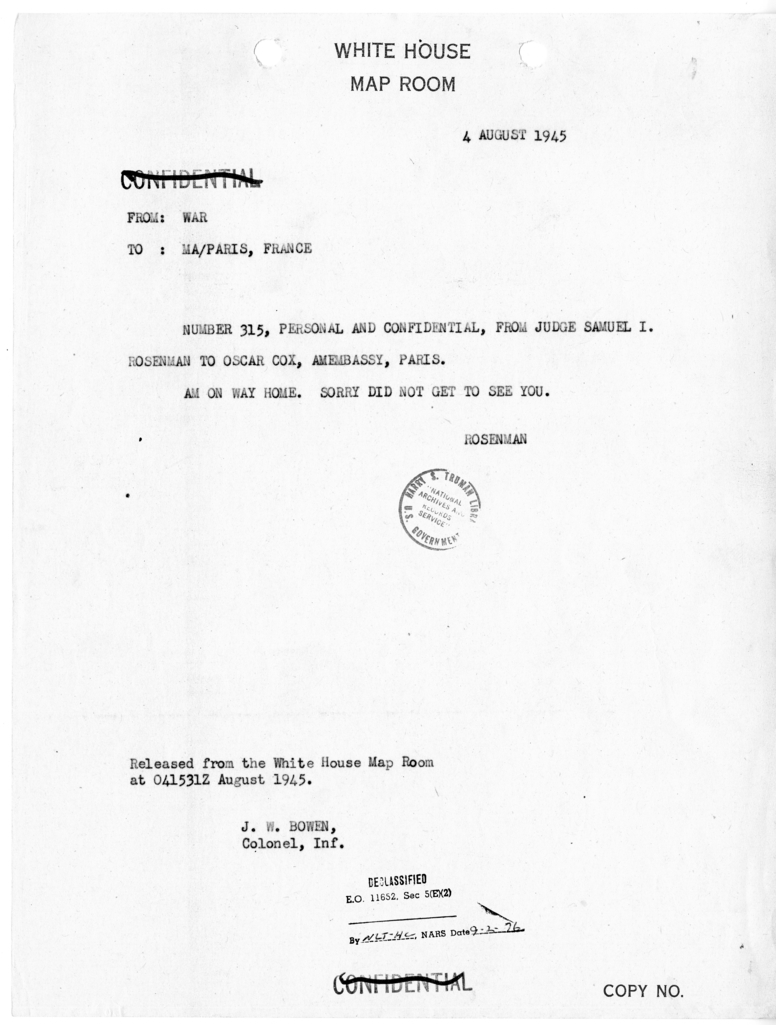 Cable from Sam Rosenman to Oscar Cox