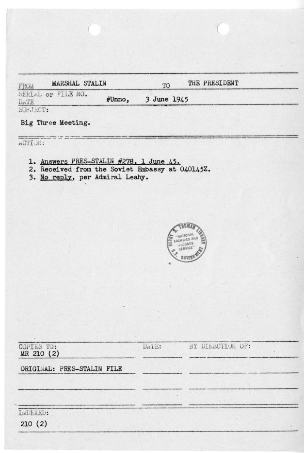 File Memorandum for Correspondence from Joseph Stalin to President Harry S. Truman