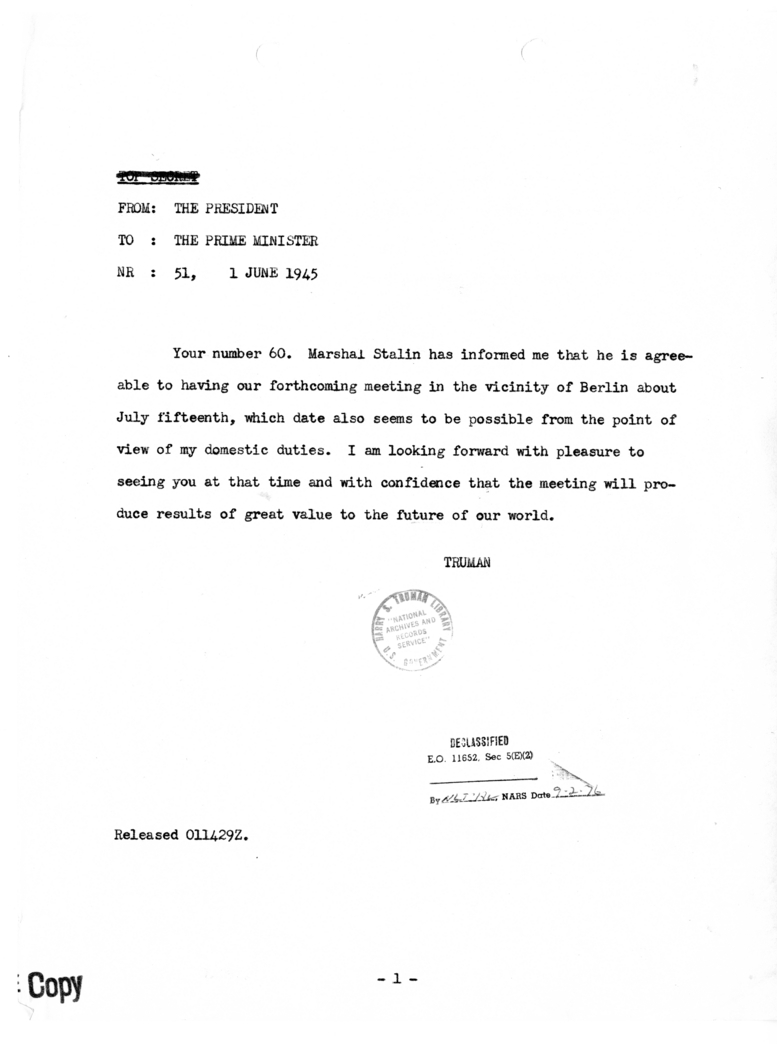 Cable from President Harry S. Truman to Prime Minister Winston Churchill [NR 51]