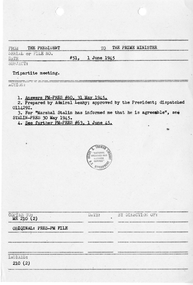 File Memo for Correspondence from President Harry S. Truman to Prime Minister Winston Churchill