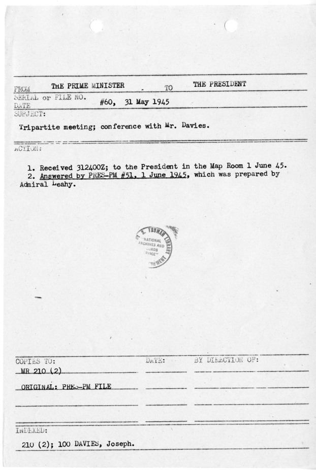 File Memo for Correspondence from Prime Minister Winston Churchill to President Harry S. Truman