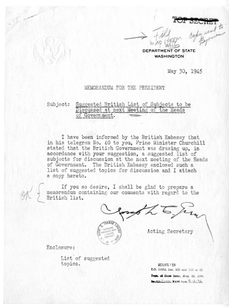 Memorandum from Acting Secretary Joseph Grew to President Harry S. Truman