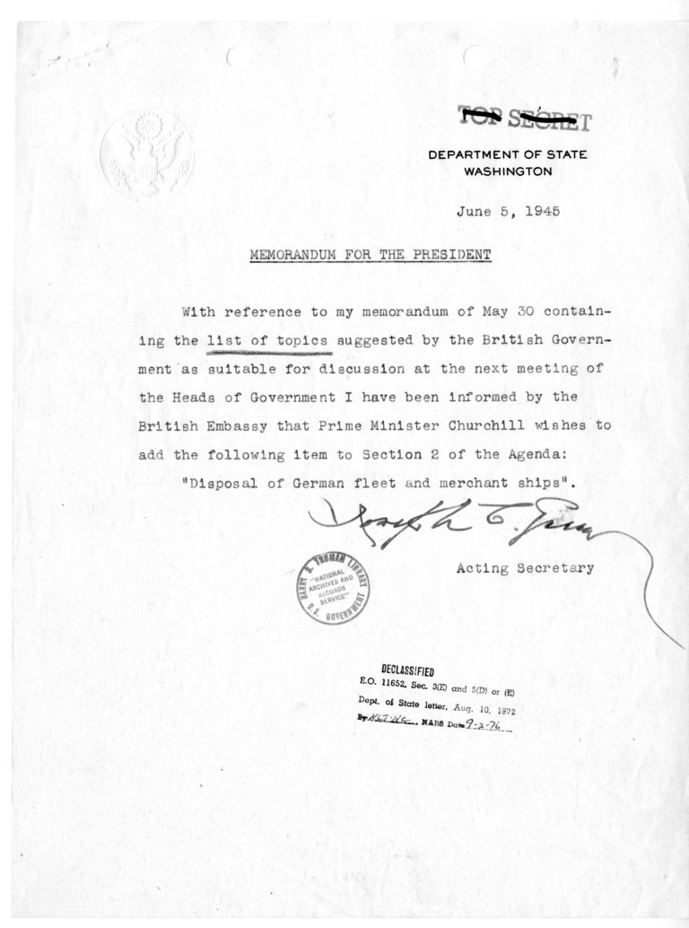 Memorandum from Acting Secretary Joseph Grew to President Harry S. Truman