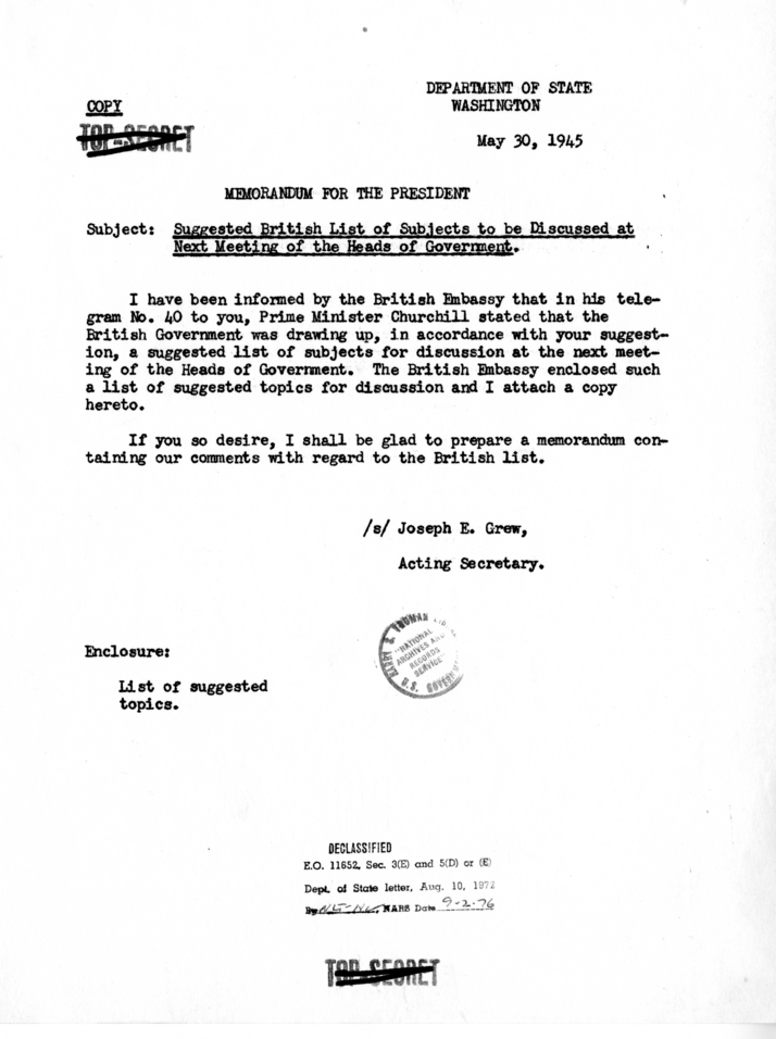 Memorandum from Acting Secretary of State Joseph Grew to President Harry S. Truman