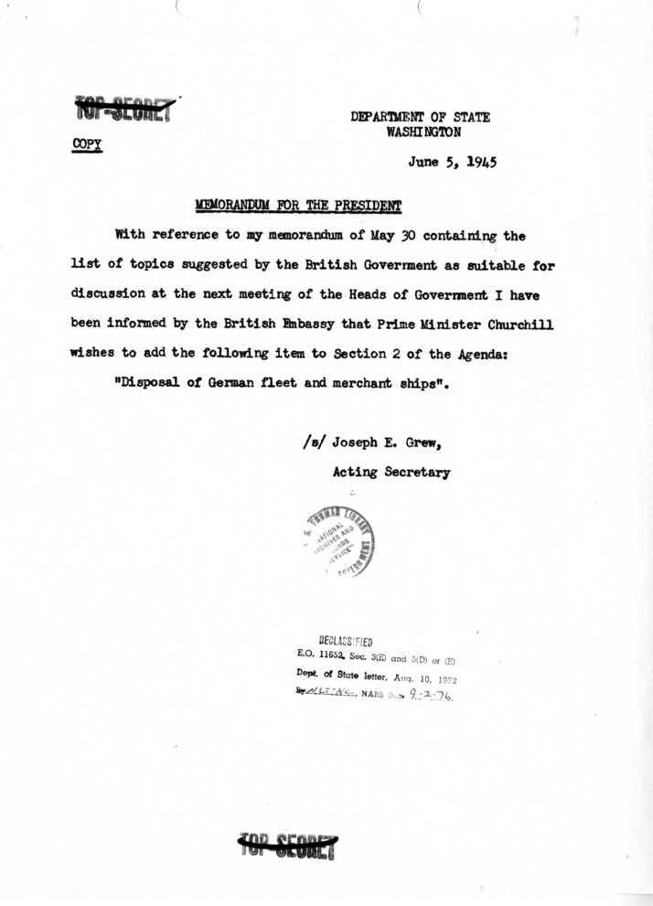 Memorandum from Acting Secretary of State Joseph Grew to President Harry S. Truman