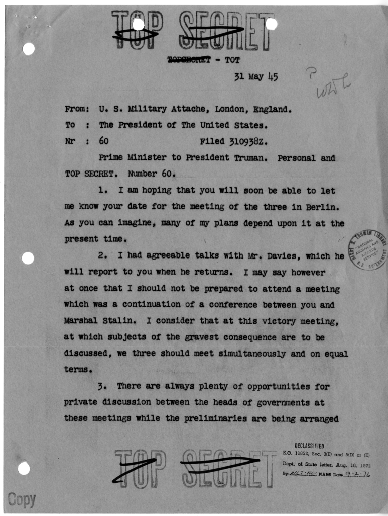 Cable from Prime Minister Winston Churchill to President Harry S. Truman [NR 60]
