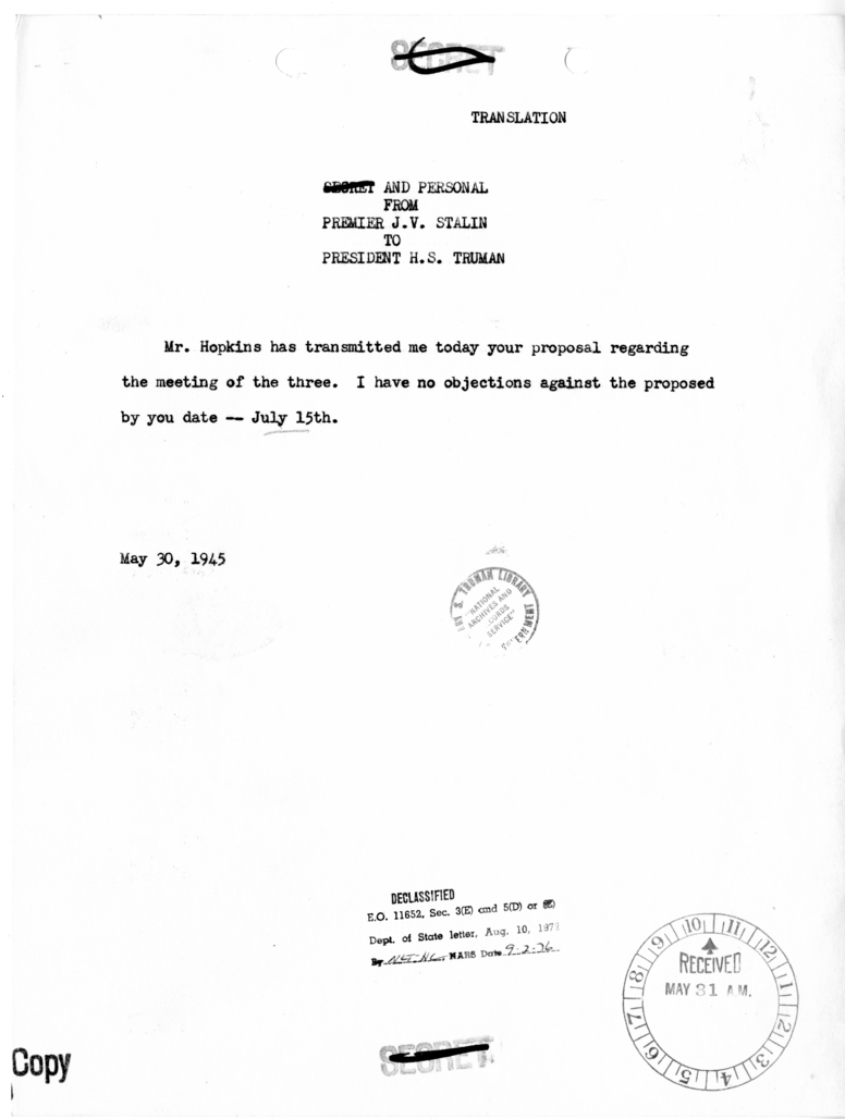 Translation of Cable from Premier Joseph V. Stalin to President Harry S. Truman