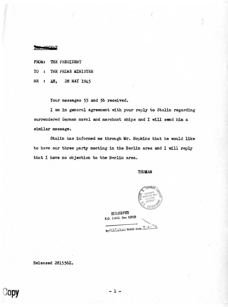 Cable from President Harry S. Truman to Prime Minister Winston Churchill [NR 48]