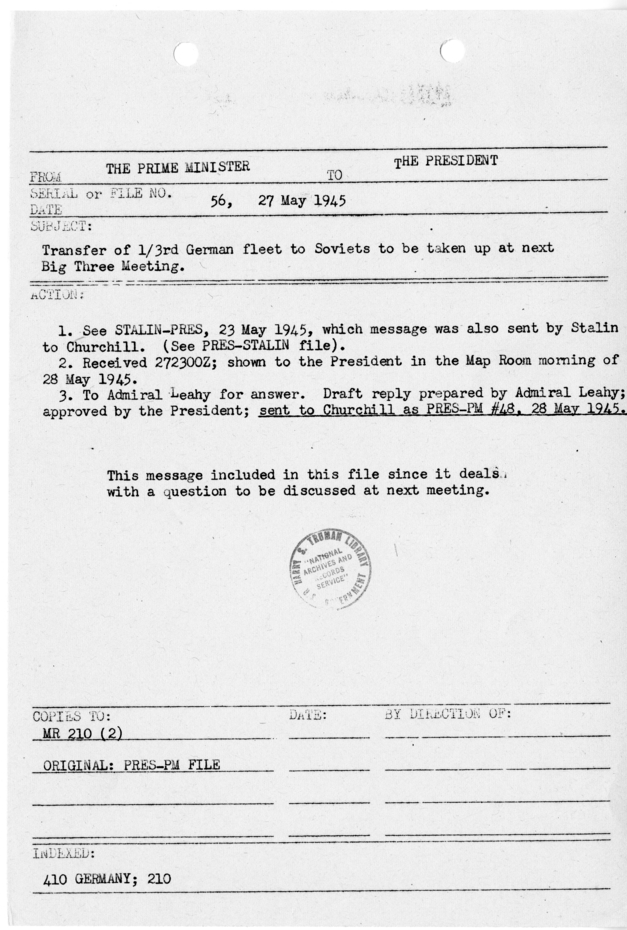 File Memo for Correspondence from Prime Minister Winston Churchill to President Harry S. Truman