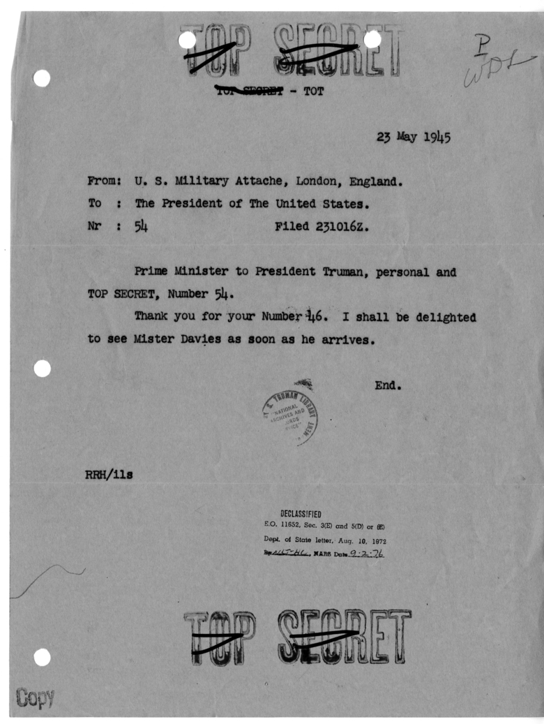 Cable from Prime Minister Winston Churchill to President Harry S. Truman [NR 54]