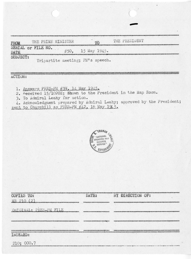 File Memo for Correspondence from Prime Minister Winston Churchill to President Harry S. Truman