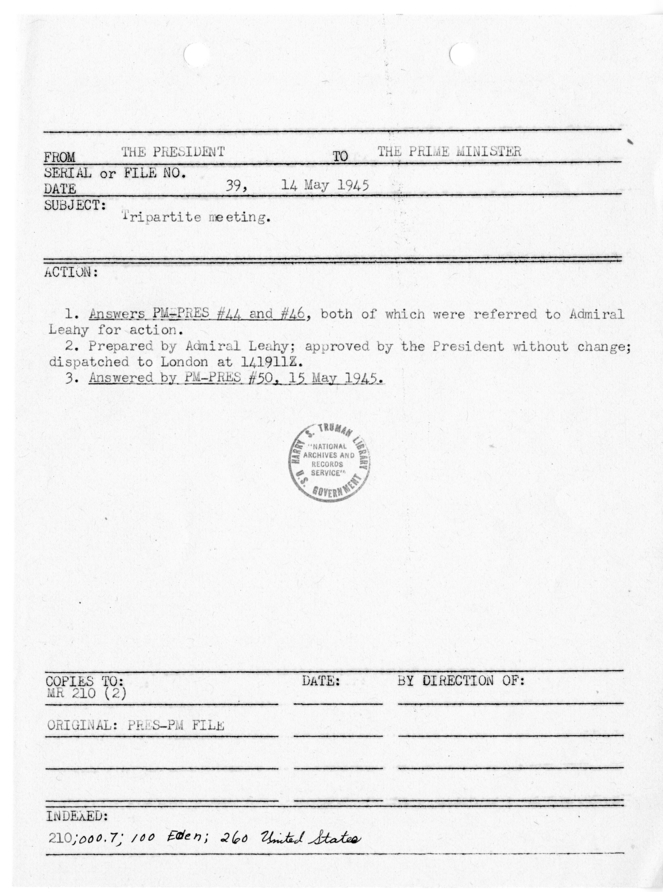 File Memo for Correspondence from President Harry S. Truman to Prime Minister Winston Churchill