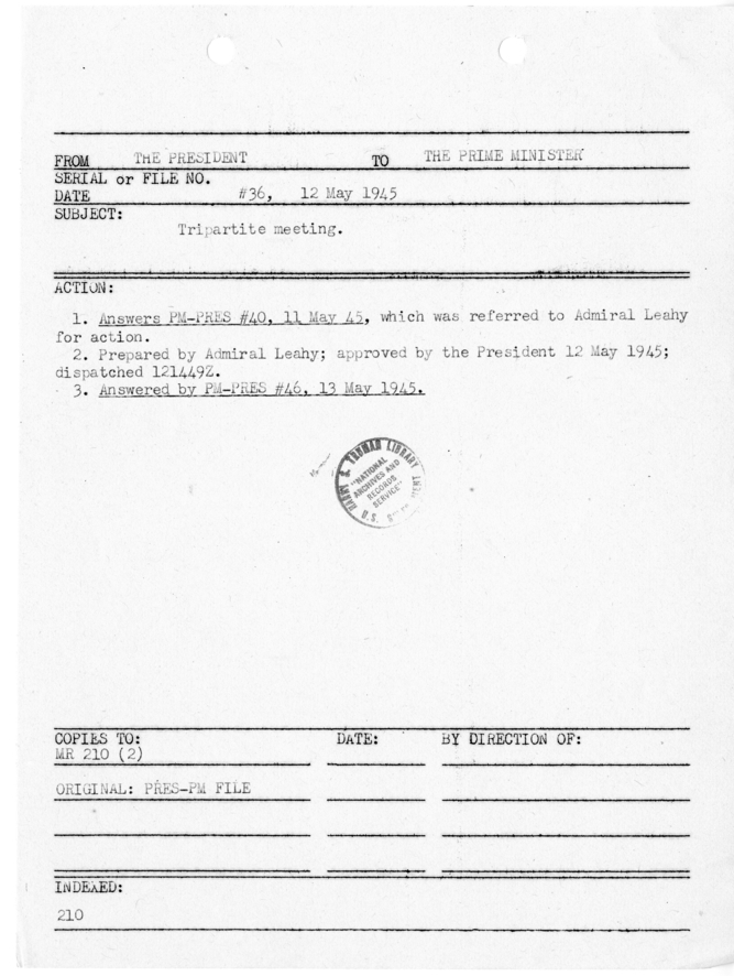 File Memo for Correspondence from President Harry S. Truman to Prime Minister Winston Churchill