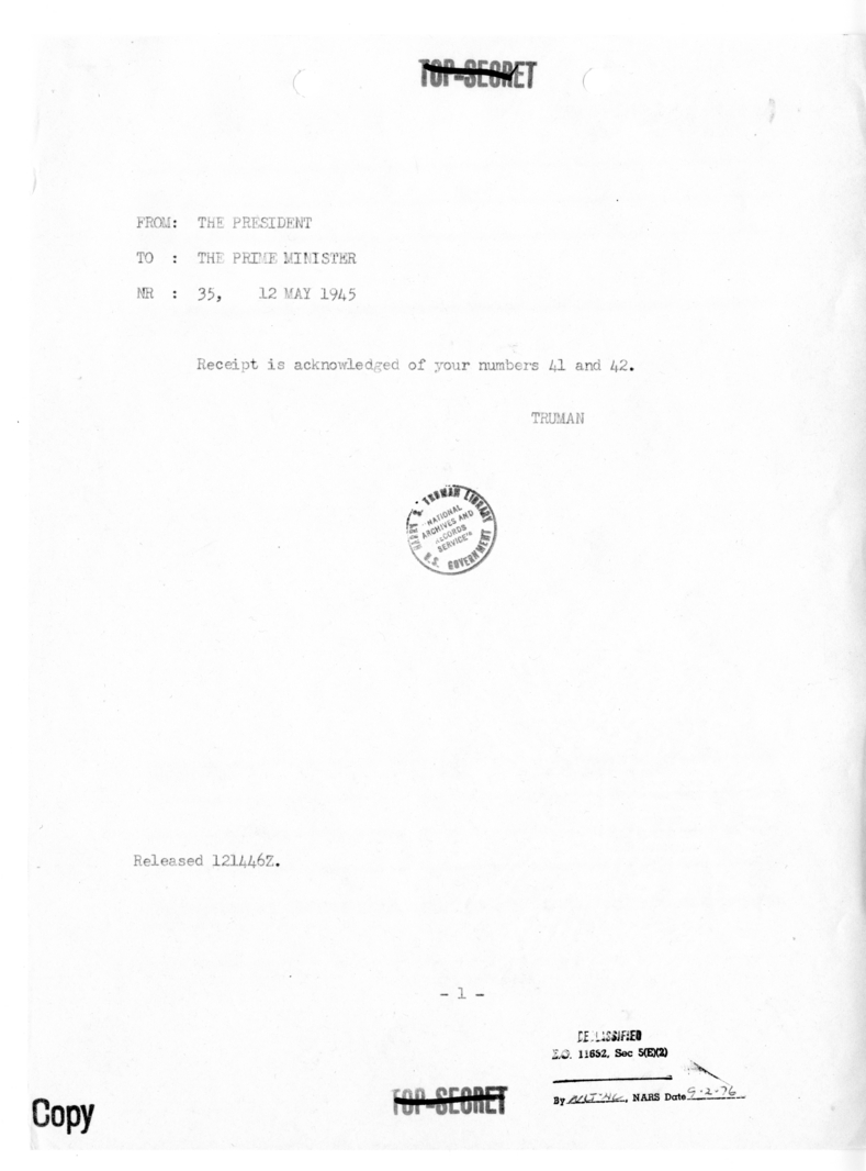 Cable from President Harry S. Truman to Prime Minister Winston Churchill [NR 35]