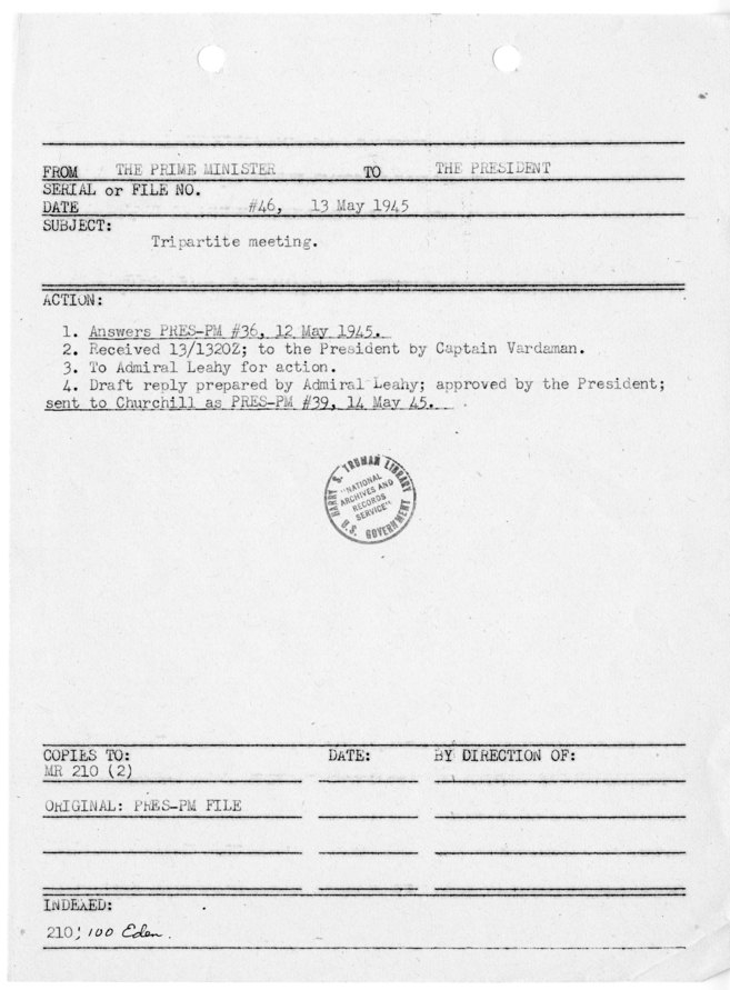 File Memo for Correspondence from Prime Minister Winston Churchill to President Harry S. Truman