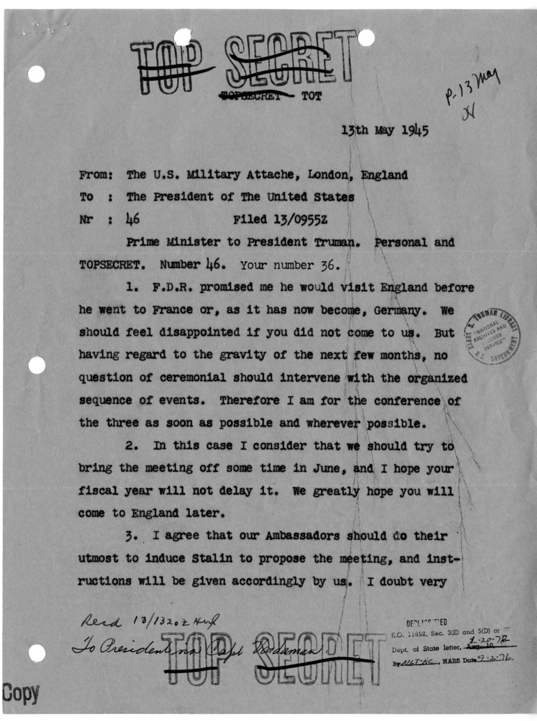 Cable from Prime Minister Winston Churchill to President Harry S. Truman [NR 46]