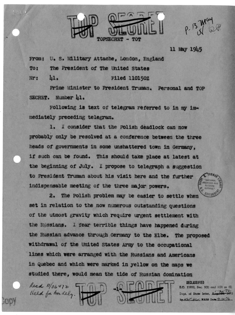 Cable from Prime Minister Winston Churchill to President Harry S. Truman [NR 41]