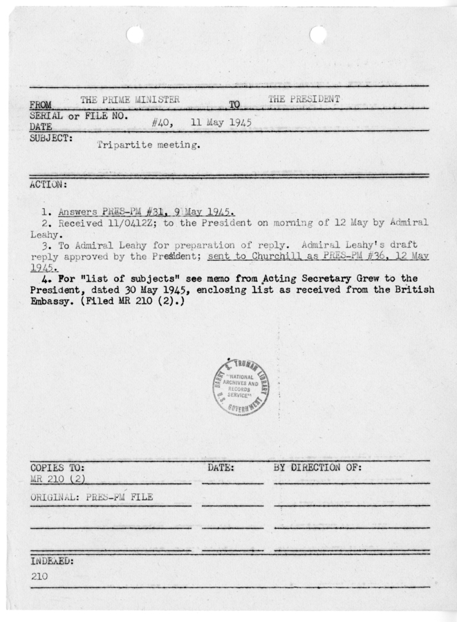 File Memo for Correspondence from Prime Minister Winston Churchill to President Harry S. Truman