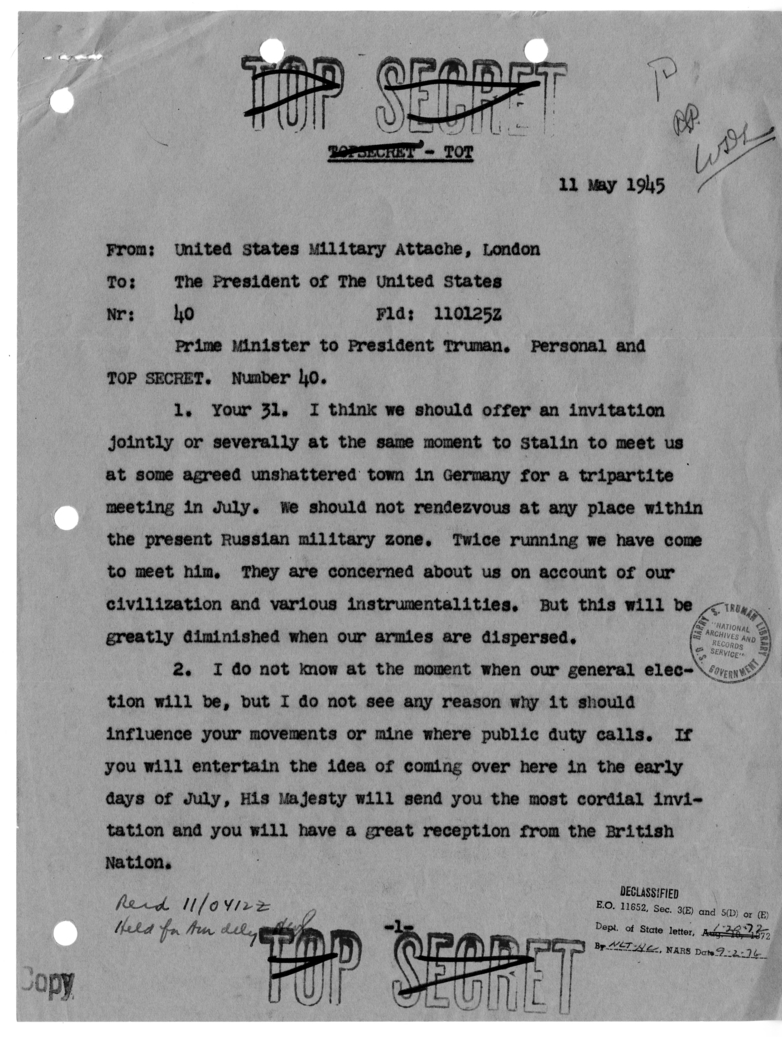 Cable from Prime Minister Winston Churchill to President Harry S. Truman