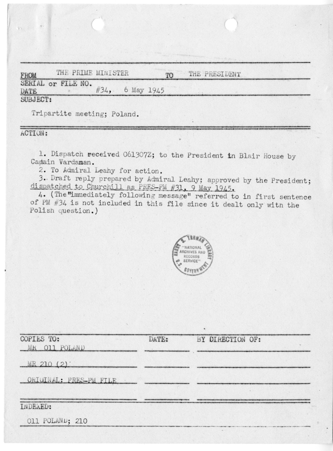File Memo for Correspondence from Prime Minister Winston Churchill to President Harry S. Truman