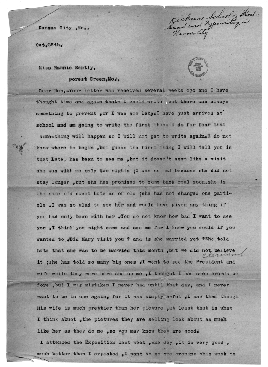 Letter from Mary Martha Truman to Nancy Bentley