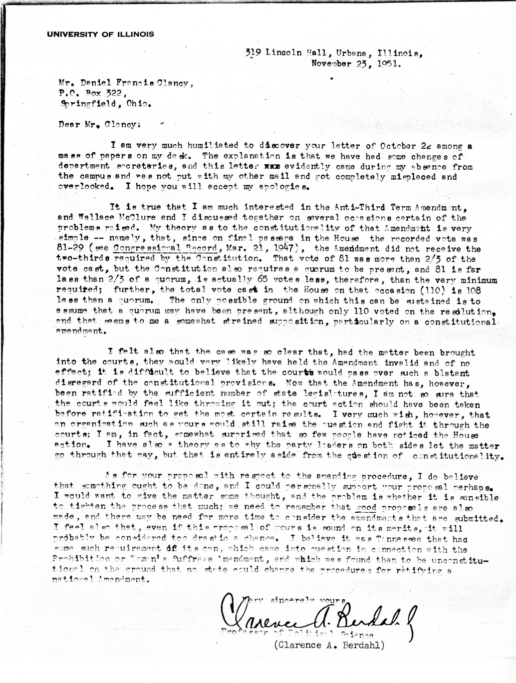 Letter from Clarence A. Berdahl to Daniel F. Clancy