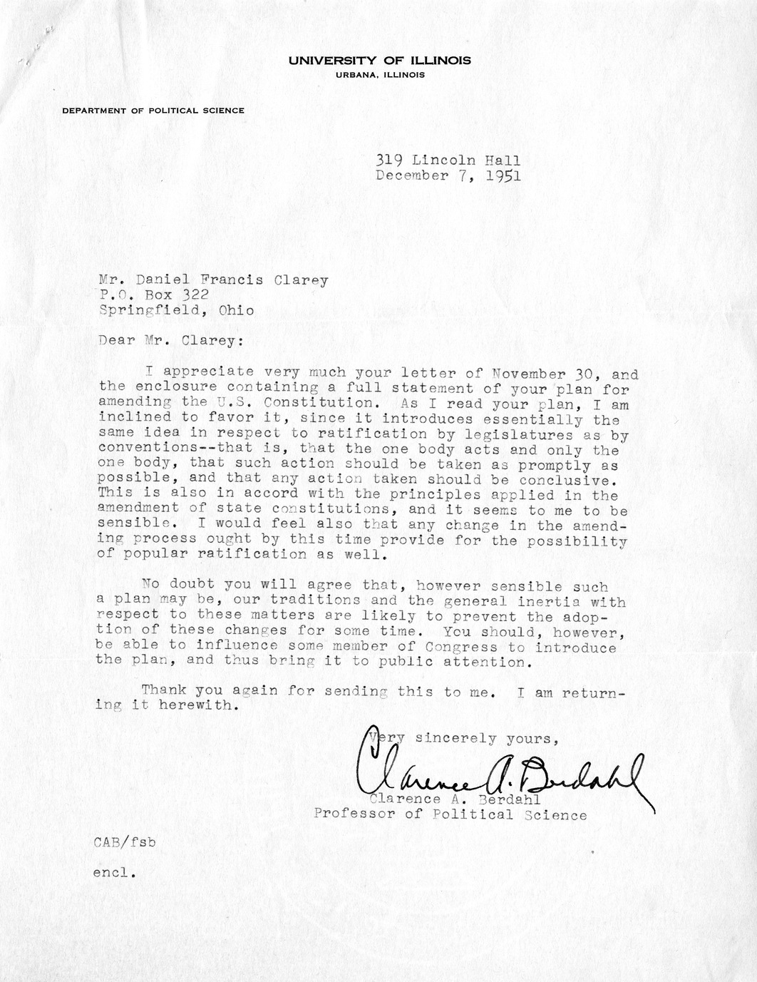 Letter from Clarence A. Berdahl to Daniel F. Clancy, with Attachment