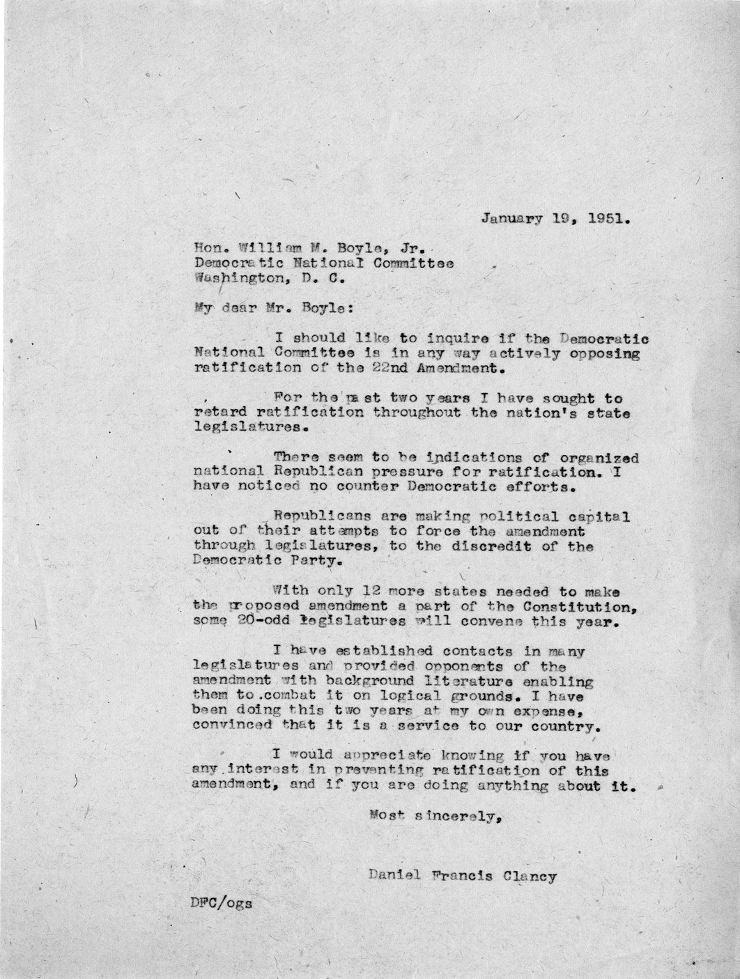 Letter from Daniel F. Clancy to William M. Boyle, Jr.