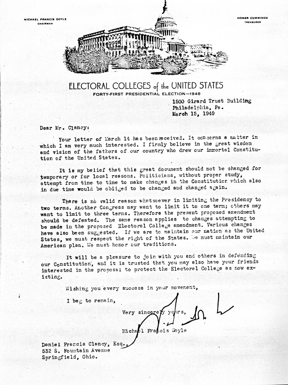 Letter from Michael Francis Doyle to Daniel F. Clancy