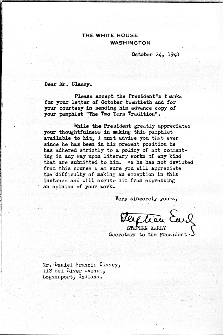 Letter from Stephen Early to Daniel F. Clancy