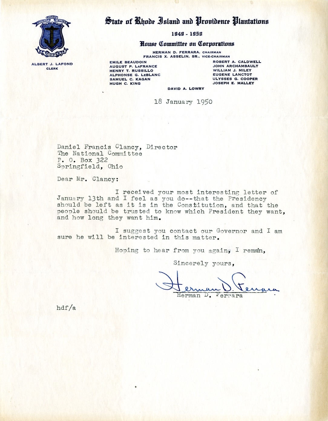 Letter from Herman D. Ferrara to Daniel F. Clancy
