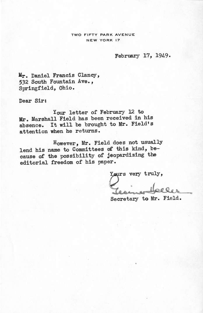 Letter from Secretary to Mr. Marshall Field to Daniel  F. Clancy