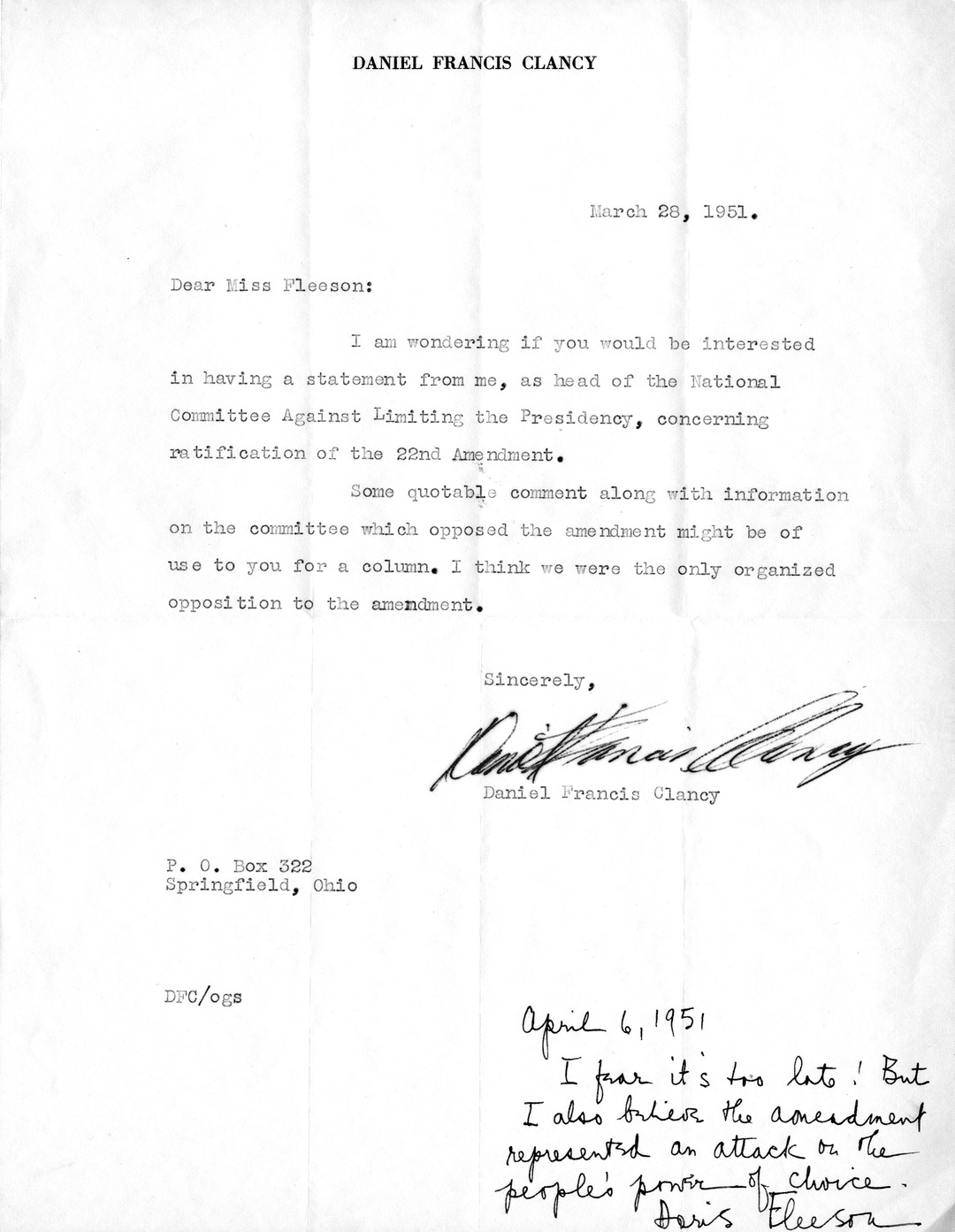 Letter from Daniel F. Clancy to Doris Fleeson