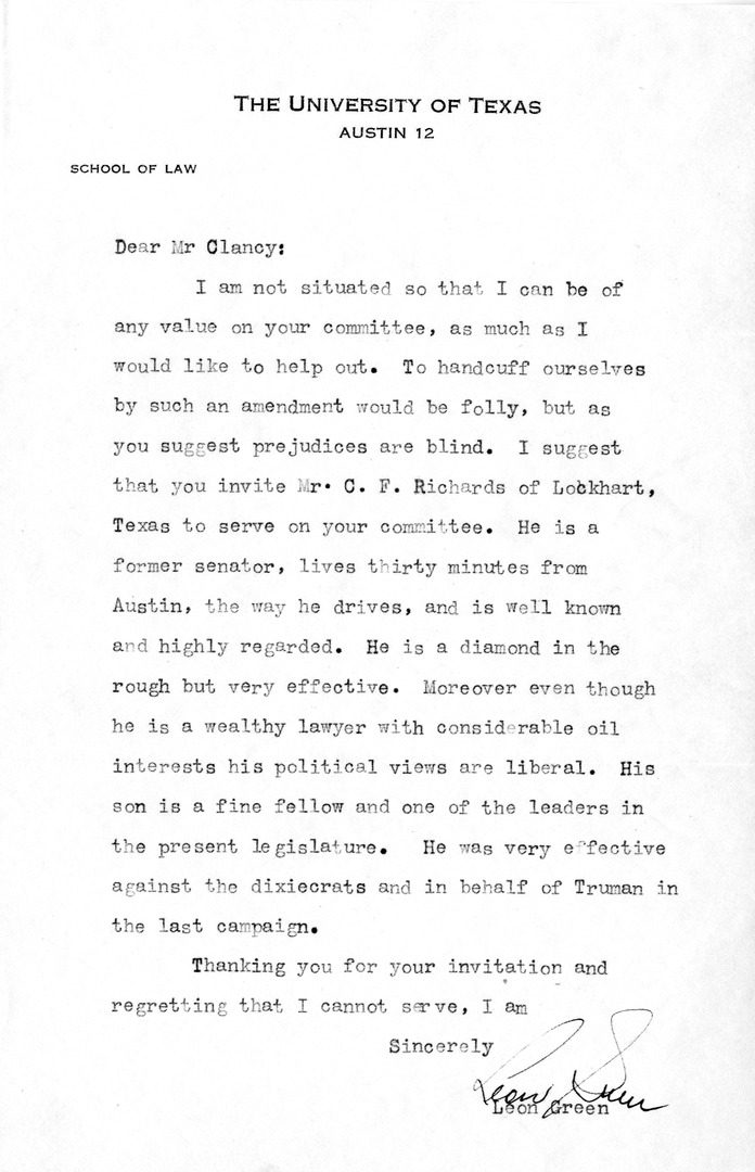 Letter from Leon Green to Daniel F. Clancy