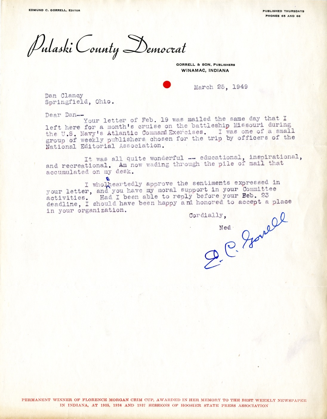 Letter from E. C. Gorrell to Daniel F. Clancy