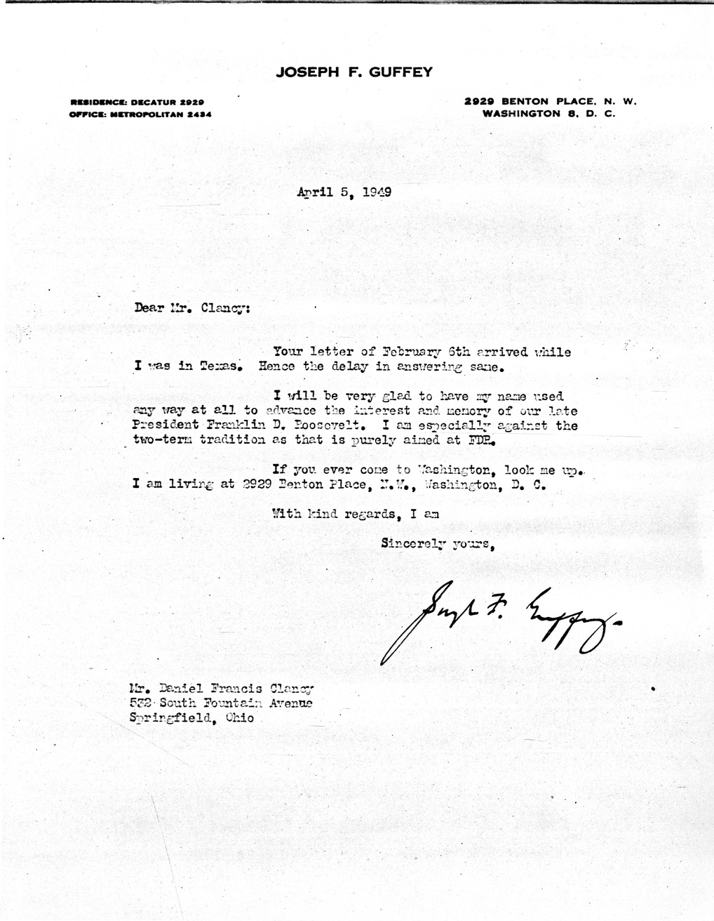 Letter from Joseph F. Guffey to Daniel F. Clancy