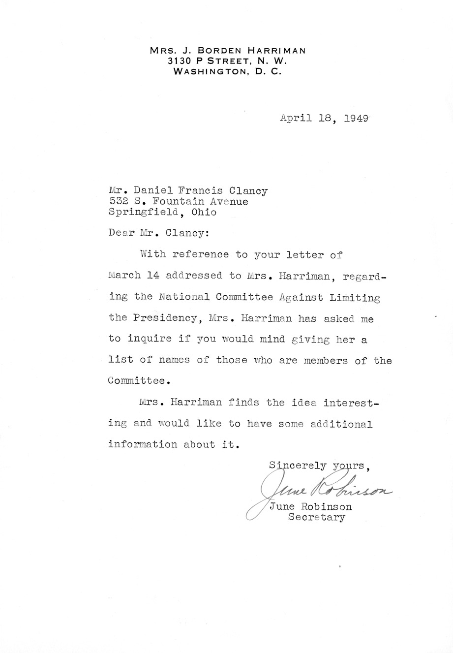 Letter from June Robinson to Daniel F. Clancy