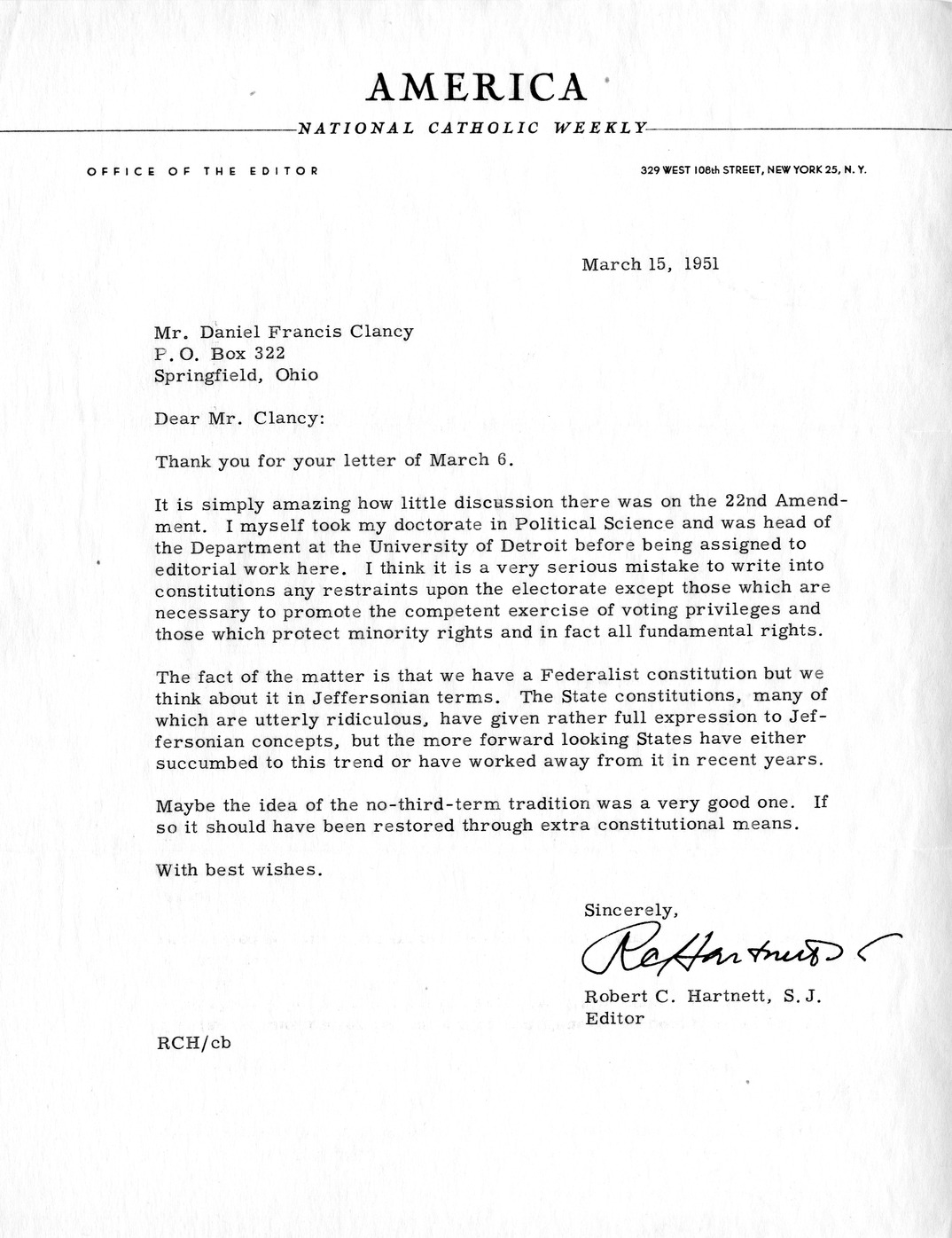 Letter from Robert C. Hartnett, S.J. to Daniel F. Clancy