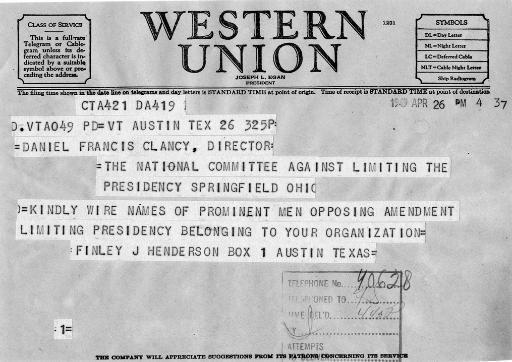 Telegram from Finley J. Henderson to Daniel F. Clancy