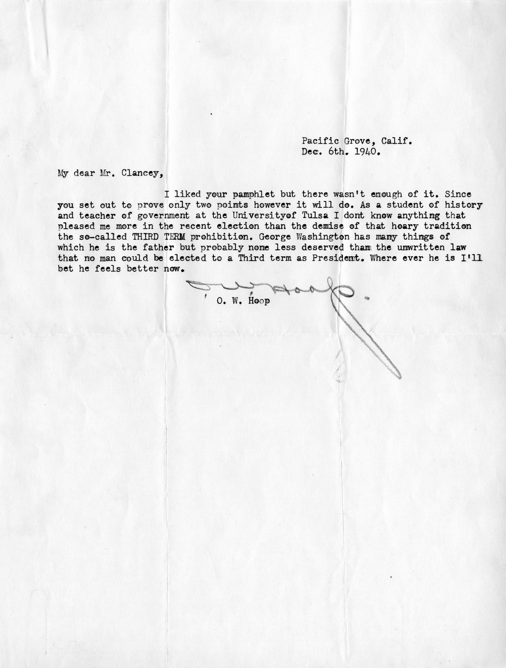 Letter from O.W. Hoop to Daniel F. Clancy