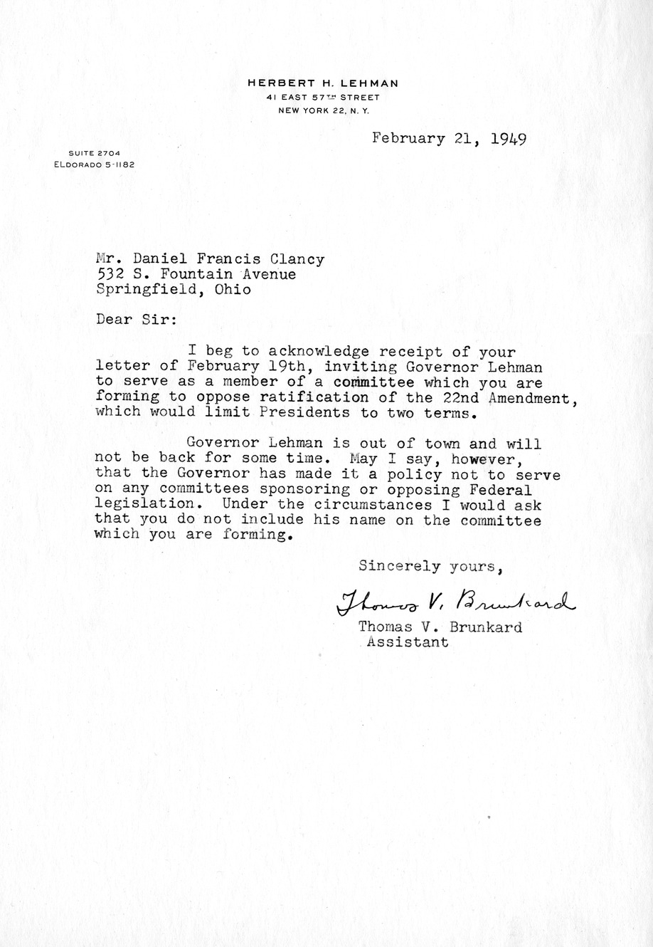 Letter from Thomas V. Brunkard to Daniel F. Clancy