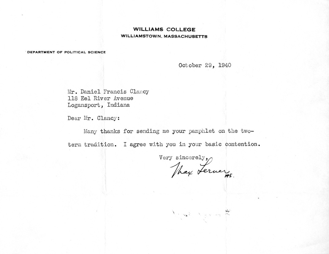Letter from Max Lerner to Daniel F. Clancy
