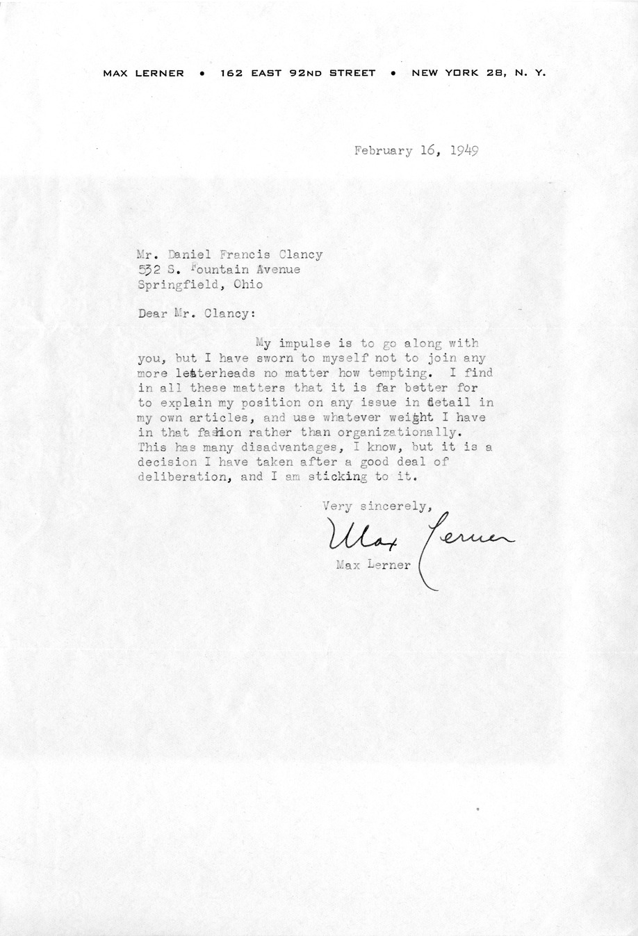 Letter from Max Lerner to Daniel F. Clancy