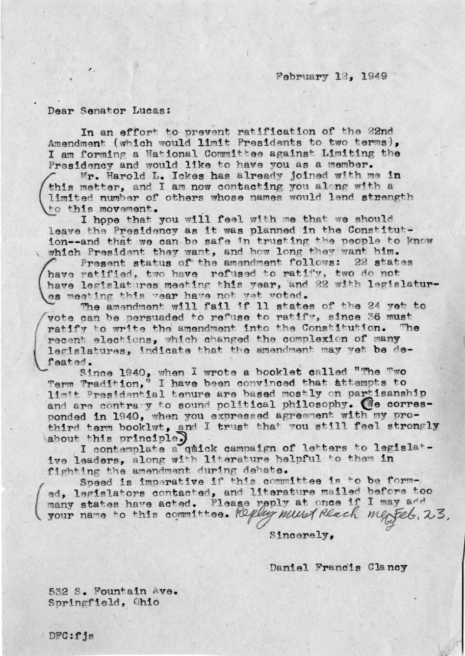 Letter from Daniel F. Clancy to Senator Scott Lucas