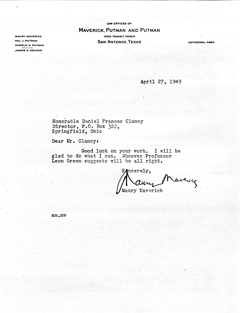 Letter from Maury Maverick to Daniel F. Clancy