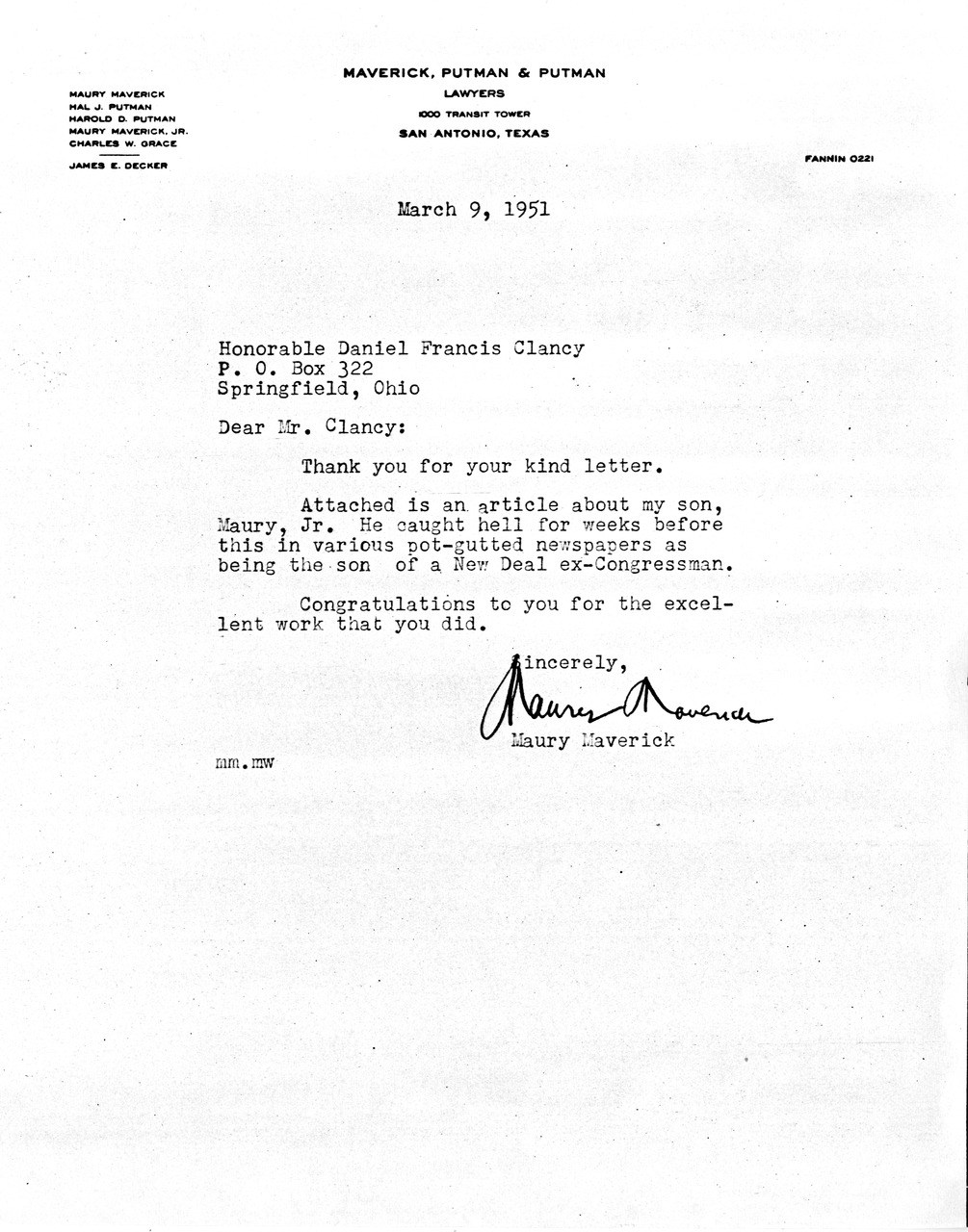 Letter from Maury Maverick to Daniel F. Clancy
